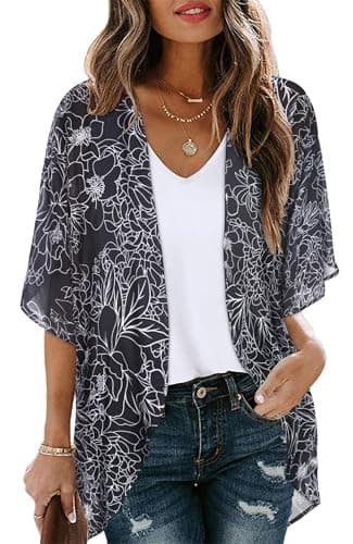 Womens Floral Kimono Cardigans Loose Puff Sleeve Casual Beach Coverups Tops (Black Brief Flowers,2XL) - Image 1