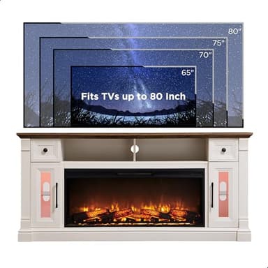 OKD Fireplace TV Stand for 80 Inch TV - Farmhouse Entertainment Center with 42" Electric Fireplace & LED Lights, Wood Media Console with Storage Drawers & Cabinets for Living Room, Antique White - Image 7