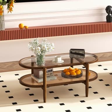 Giantex Rattan Coffee Table, 2-Tier Oval Acacia Wood Tea Table w/Tempered Glass Tabletop & PE Rattan Storage Shelf, Boho Cocktail Tables, Mid Century Modern Center Table for Living Room Office, Brown - Image 9