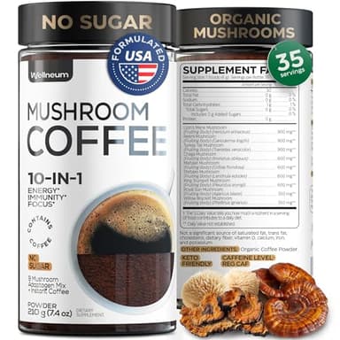 Mushroom Coffee - 10-in-1 Mushroom Superfood Adaptogen Mix - Lion's Mane, Chaga, Turkey Tail, Reishi, Organic Arabica Instant Coffee - for Gut Health, Immunity, Energy - Sugar Free - 7,4 oz (35 Serv) - Image 1