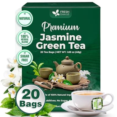 FreshDrinkUS, Premium 20 Tea Bags of Jasmine Green Tea, 100% Natural. Exquisite Flavor, Handpicked Leaves, Perfect for Tea Lovers. No Sugar, No Gluten, Vegan. - Image 1