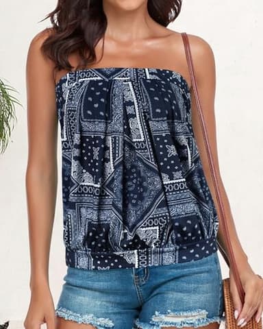 CHICGAL Women's Tube Tops Summer Bandeau Tank Off The Shoulder Casual Strapless Blouse Tunic Shirts (Navy Diamond,2XL) - Image 3