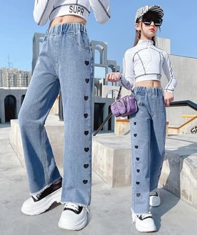 NABER Kids Girls Casual Wide Leg Denim Pants Heart Pattern Elastic Waist Jeans Size 4-14 Years (Blue2, 9-10 Years) - Image 3