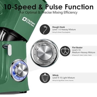 Kitchen in the Box Stand Mixer, 900W 8.5 QT Kitchen Electric Mixer, 10-Speed Large Capacity Tilt-head Food Mixer with Dough Hook, Wire Whip, Flat Beater & Splash Guard (Green) (Renewed) - Image 4