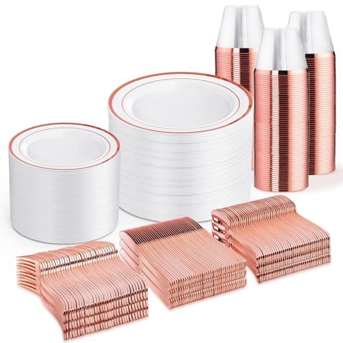 WELLIFE 600 PCS Rose Gold Disposable Dinnerware Set for 100 Guests, Valentine's Day Plate, 100 Each-Dinner & Salad Plates, Cups, Forks Knives Spoons for Wedding Reception and Mothers Day Plates - Image 1
