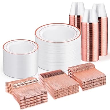 WELLIFE 600 PCS Rose Gold Disposable Dinnerware Set for 100 Guests, Valentine's Day Plate, 100 Each-Dinner & Salad Plates, Cups, Forks Knives Spoons for Wedding Reception and Mothers Day Plates - Image 1