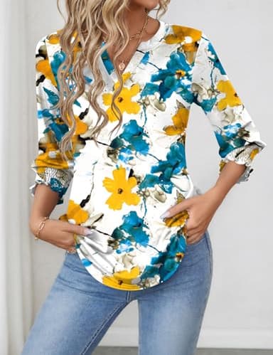 LOMON Women's V Neck 3/4 Sleeve T Shirts Casual Blouses Summer Tees Shirts - Image 3