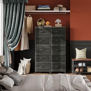 WLIVE Fabric Dresser, 5-Drawer Tall Dresser for Bedroom, Storage Dresser Organizer with Fabric Bins, Wood Top, Sturdy Steel Frame, Chest of Drawers for Closet, Hallway, Charcoal Black Wood Grain Print - Image 4