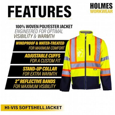 Holmes Workwear Hi-Vis Yellow Softshell Jacket - Waterproof and Breathable Reflective Jacket with Fleece Lining, Medium - Image 7