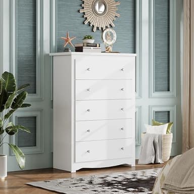 WLIVE White 5 Drawer Wood Dresser, Wooden Chest of Drawers for Bedroom, Storage Cabinet and Organizer Drawers for Living Room, Hallway, Closet, Measuring 15.75" W*31.50" D*45.35" H - Image 9