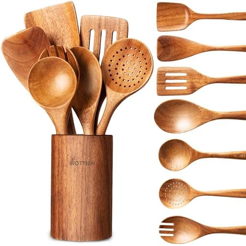 Wooden Spoons for Cooking - 8-Piece Wooden Kitchen Utensil Set made of Natural Solid Wood Material - Includes Spoons, Spatulas, Ladles, Strainer Spoon, Salad Fork, Mixing Spoon and Utensil Holder - Image 1
