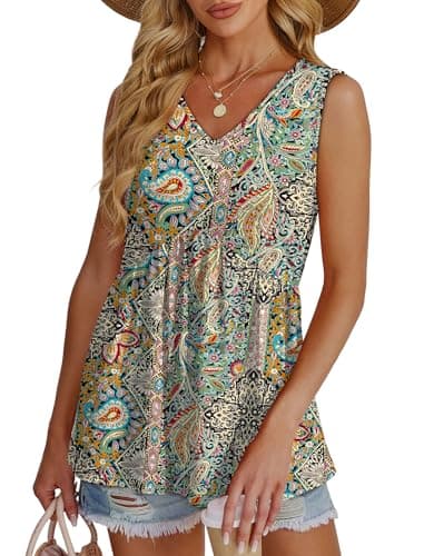 Women's Clothing Plus Size Tops for Women 2025 V Neck Sleeveless Top Vacation Outfits Boho Tops Green Ethnic Floral XL - Image 3