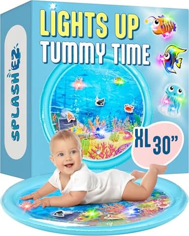 SplashEZ Lights Up Tummy Time Water Mat for Babies, 30" X-Large Baby Water Mat Tummy Time for Sensory Play with LED Glowing Fishes, Inflatable Fun Play Pad for Infants & Toddlers 3 to 36 mo - Image 1