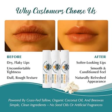Moisturizing Tallow Lip Balm – Grass-Fed Beef Tallow with Organic Coconut Oil, Beeswax, and Vitamin E – Unscented Lip Balm Set – Travel Essential - 3-Pack - Image 3