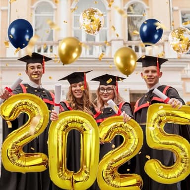 Graduation Decorations Class of 2025, Navy Blue Gold Graduation Decor Set with Congrats Grad Banner, Foil Balloons, Paper Pompoms, Hanging Swirls for 2025 High School & College Grad Party Supplies - Image 6
