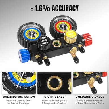 Jack Boss 4 Way AC Gauge Set for R410a R22 R134a Refrigerant, 4 Valve Automotive AC Manifold with 5ft Hoses, R410a Adapters - Image 4