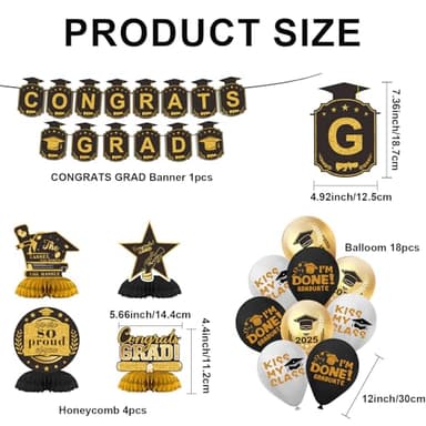 2025 Graduation Decorations Set- Class of 2025 Grad Party Decorations, Congrats Grad Banner, Backdrop, Grad Hanging Swirl, Balloons and Honeycomb Table Toppers, Graduation Party Supplies - Image 3