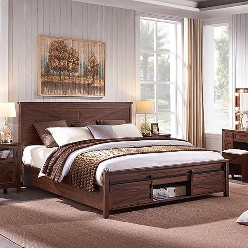 JXQTLINGMU Farmhouse Wood Bed Frame Queen Size with Sliding Barn Door Storage Cabinets and Headboard, Solid Wood Slats Support, Noiseless, No Box Spring Needed, Brown - Image 1