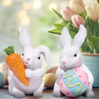 Hodao Easter Bunny Decoration Spring Rabbit Decor Gifts Handcrafted Resin Figurines Colorful and Charming Spring Decor for Home, Office, Holiday Celebrations (White) - Image 6