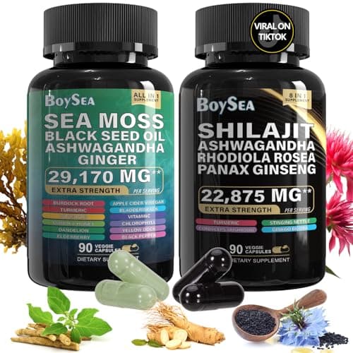 Boysea.Shilajit and Sea Moss Bundle- 90 Count - Sea Moss 7000mg, Black Seed Oil 4000mg, Ashwagandha 2000mg, Ginger & Shilajit 9000mg, Rhodiola Rosea 1000mg, All in 1 Supplements (1 Pc) - Image 1