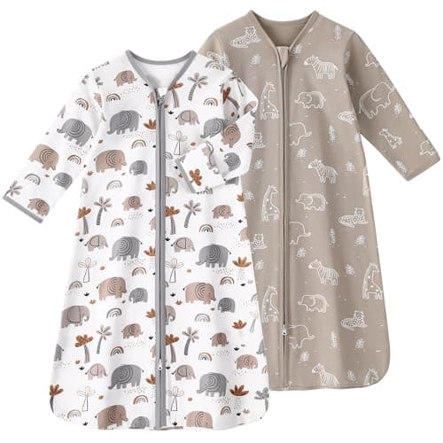 FIEMOL Baby Sleep Sack 6-12 Months, Long Sleeve Baby Wearable Blanket 0.5 Tog with Mittens, 2-Way Zipper Infant Cotton Sleeping Sack for Boy and Girl Grey Elephant 2 Pack (Medium) - Image 1