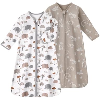 FIEMOL Baby Sleep Sack 6-12 Months, Long Sleeve Baby Wearable Blanket 0.5 Tog with Mittens, 2-Way Zipper Infant Cotton Sleeping Sack for Boy and Girl Grey Elephant 2 Pack (Medium) - Image 1
