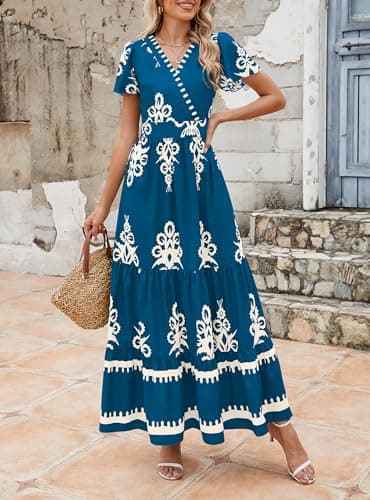 PRETTYGARDEN Womens 2025 Summer Casual V Neck Boho Maxi Dress Flowy Aline Bell Sleeve Tiered Floral Dresses with Pocket (Floral Lake Blue White,Small) - Image 5