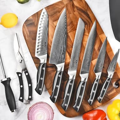 Damascus Kitchen Knife Sets, 9 Pieces Kitchen Knives Set with Block, ABS Ergonomic Handle for Chef Knife Set, Knife Sharpener and Kitchen Shears, Knife Block Set NF-D0603T-B - Image 7
