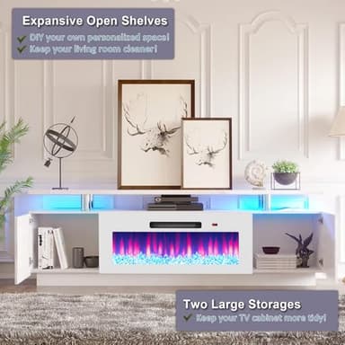 AMERLIFE Fireplace TV Stand with 36" Fireplace, 70" Modern High Gloss Fireplace Entertainment Center LED Lights, 2 Tier TV Console Cabinet for TVs Up to 80", White & White - Image 5