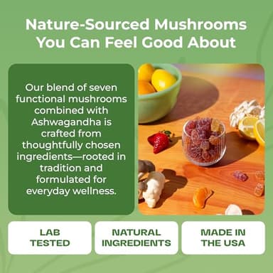 Ashwagandha Gummies and Lions Mane Mushroom Gummies Supplement - Organic - Reishi, Cordyceps, Turkey Tail, Maitake, Shitake, Chaga - Immune Defense, Boosts Cognitive Performance, Vegan, Low Carb - Image 7