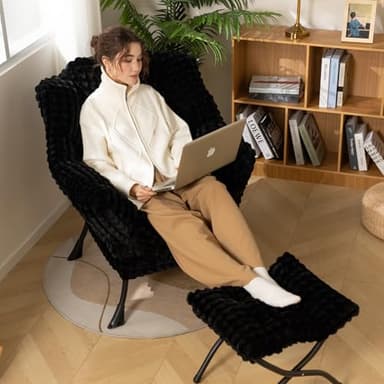 HollyHOME Lazy Chair with Foldable Ottoman, Accent Comfy Lounge Armchair and Folding Footrest Stool, Leisure Sofa Reading Chair and Footstool for Living Room, Bedroom, Dorm,Faux Fur Black - Image 2