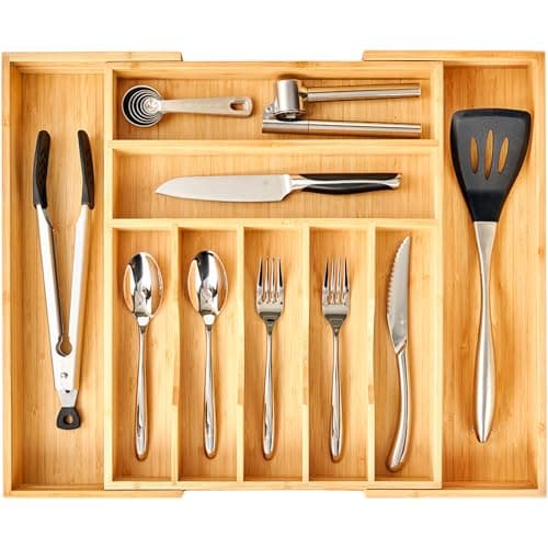 Umilife Large Expandable Kitchen Silverware Utensils Drawer Organizer, 2.5" Extra High Adjustable Drawer Divider with Curved Grooves, Bamboo Wood Cutlery Tray Flatware Holder - Image 1