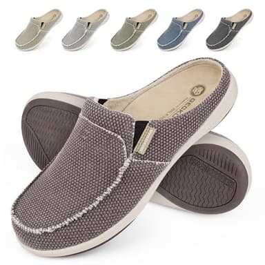 Mens House Slippers with Arch Support, Canvas House Slipper for Men with Suede Insole and Velvet Lining, Slip on Clog Shoes with Indoor Outdoor Anti-Skid Rubber Sole, Brown - Image 1