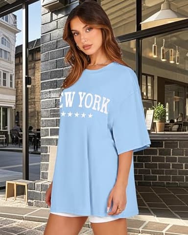 Womens Oversized Tshirt Graphic Tees Crew Neck Summer Short Sleeve Loose Fit Tops(Blue Letters, L) - Image 3