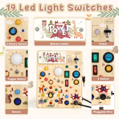 Joyreal Wooden Busy Board with LED Lights, Montessori Sensory Toys for Toddlers, Activity Fidget Board Travel Toys for Fine Motor Skills & Learning, Gifts for 1-3 Year Old Boys & Girls (Forest Theme) - Image 2