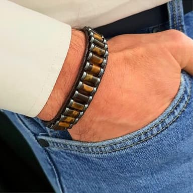 KSQS Protection Bracelet for Man, Hematite Tiger's Eye Beaded Gemstone Chakra Bracelet, Leather Cuff Adjustable Bracelet for Anxiety and Stress(#1) - Image 4