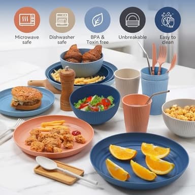 Wheat Straw Dinnerware Sets,64-Piece Black Plates and Bowls Sets for 8-Unbreakable,Reusable Plastic Dish Set-Dinner Plate/Dessert Plate/Cereal Bowl/Cup/Utensils-Microwavable Dishwasher Safe 64P-BLACK - Image 4