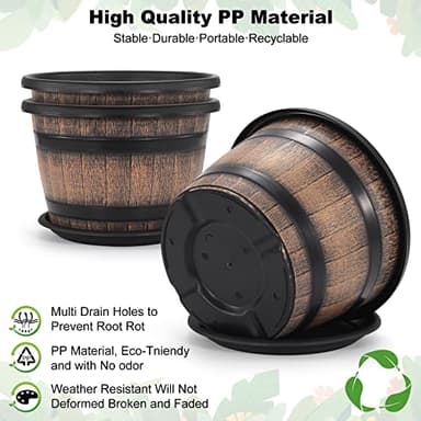 Quarut Large Plastic 3 Pack16 inch Plant Pots,Whiskey Barrel Planters with Drainage Holes & Saucer.Flower Pots Imitation Wine Barrel Design for Indoor & Outdoor Garden Balcony Plants.7 Gallons(Brown) - Image 3