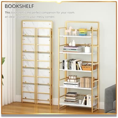 4NM No-Assembly 5 Tiers Folding Bookshelf Storage Shelves Vintage Bookcase Standing Racks Study Organizer Home Office (White Gold) - Image 3