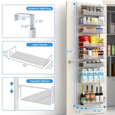 VyGrow Over the Door Pantry Organizer, 8-Tier Over the Door Organizer with Adjustable Basket, Pantry Door Organization for Pantry Kitchen Storage Room Spice Rack, White - Image 2