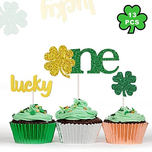 Estivaux 13 PCS St Patrick's Day Cupcake Toppers Decorations, Glitter Green Shamrock Cake Toppers Golden Luck Words Cupcake Picks for St Patrick's Day Party Custome Cosplay Carnival Decorations - Image 1