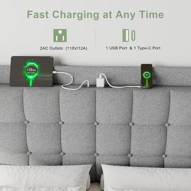 Feonase King Size Bed Frame with Charging Station, Upholstered Platform Bed with Wingback Storage Headboard, No Box Spring Needed, Noise-Free, Light Gray - Image 4