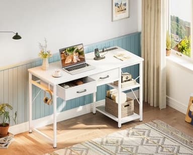 Coleshome Small Computer Desk with Drawers, 40 Inch Reversible Home Office Desk with Power Outlet, Study Laptop Vanity Table with Storage Shelves for Bedroom Small Space, White - Image 2