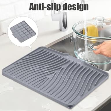 TIKNIK Silicone Dish Drying Mat for Kitchen Counter, Dish Drying Pad, Non-Slip Drain Pad with Built-in Drain, Heat Resistant Stone Drying Mat(15.8" x 13", Grey) - Image 3