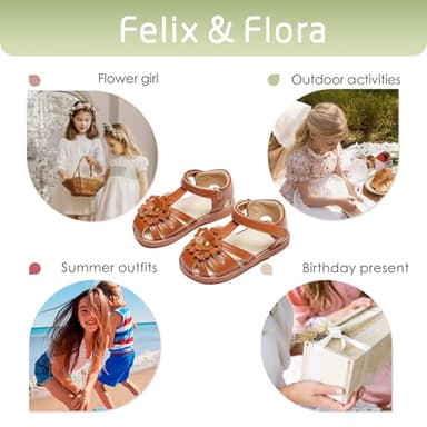 Felix & Flora Toddler Girls Brown Close Toes Sandals Size 7- Soft Rubber Princess Flat Shoes Summer Flower Girl Shoes - Image 6