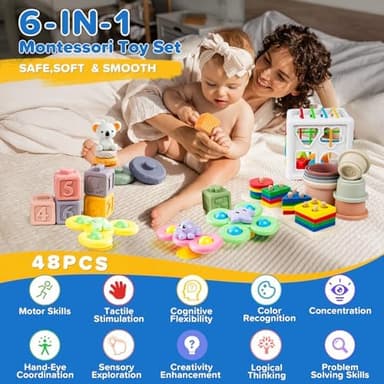 6-in-1 Baby Toys 6 to 12 Months, Montessori Toys for Babies 6-12-18 Months, Infant Teething Toy Stacking Blocks Rings Sensory Bin, Sorting Sensory Educational Learning Gift for Toddlers Aged 1-3 - Image 4