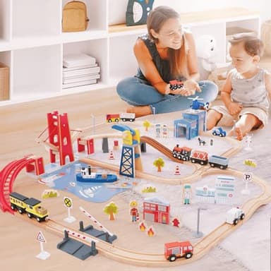 Giant bean 117 Pcs Busy Port City Train Set for Kids- Expandable & Changeable Wooden Train Track Set Toy, for Boys & Girls Ages 3-14 - Image 2