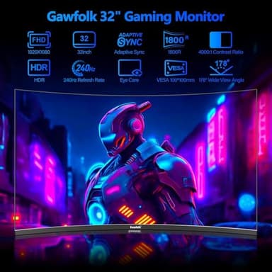 Gawfolk 32 Inch Curved Gaming Monitor 240Hz, 1800R PC Monitor Full HD 1080P, Frameless Computer Dispaly with Freesync and Eye Care Technology, Wall Mountable - Image 2