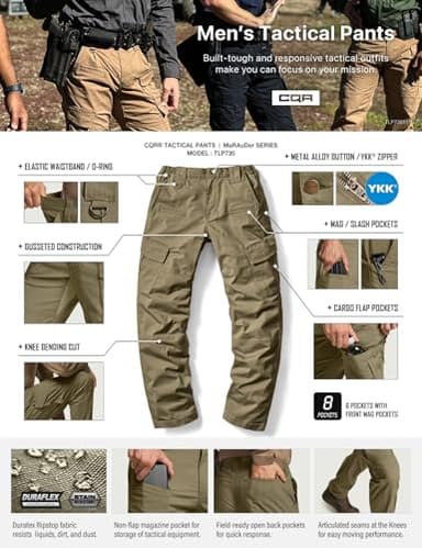 CQR Men's Flex Ripstop Tactical Pants, Water Resistant Stretch Cargo Pants, Lightweight EDC Hiking Work Pants, Dura Flex Soil Green, 32W x 32L - Image 7