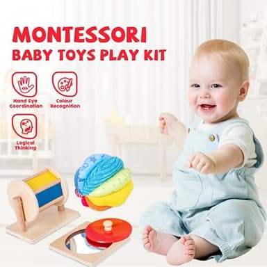Montessori Baby Toys Play Kit - Mirror, Peekaboo, Knob Puzzle, Spinning Drum, Rainbow Ball - 6-12 Months Toddlers - Image 3